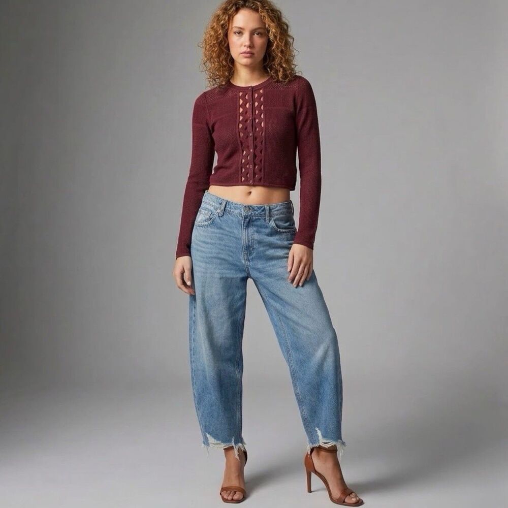 Sandro Sweater Long Sleeve Cropped Open Knit Top Cutout Mesh Quiet Luxury Sz XS